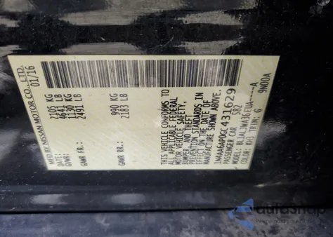 2016 Nissan Maxima 3.5S z USA, uszkodzony, nr VIN 1N4AA6AP0GC431629